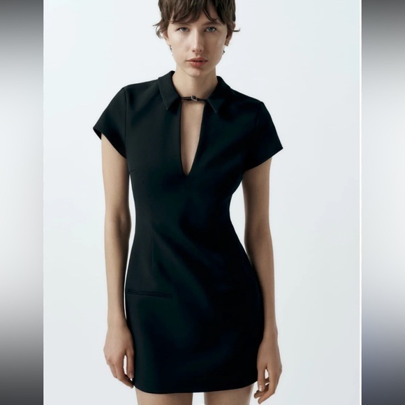 Zara NWT sz M Black Collared Dress w/Buckle detail. PLEASE READ FULL DESCRIPTION - Picture 1 of 8